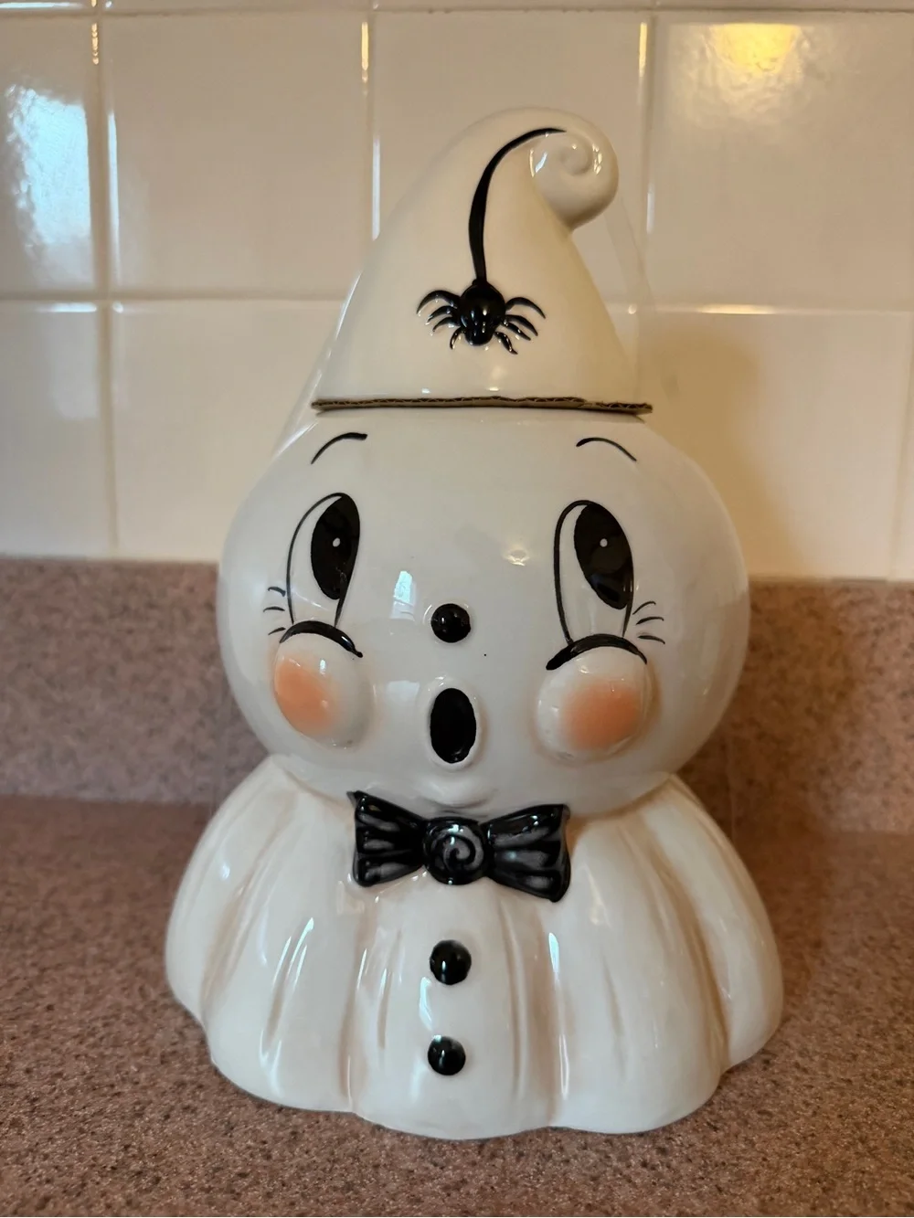 New Johanna Parker Retro Halloween Ceramic Ghost Cookie Jar Canister Large B/W